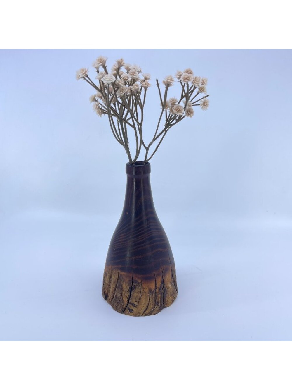 vintage hand-carved wooden weed vase with natural grain and live edge rustic